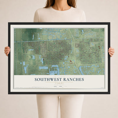 Southwest Ranches, Florida map print, 24" x 36" W/ Black Ayous Wood Frame mockup