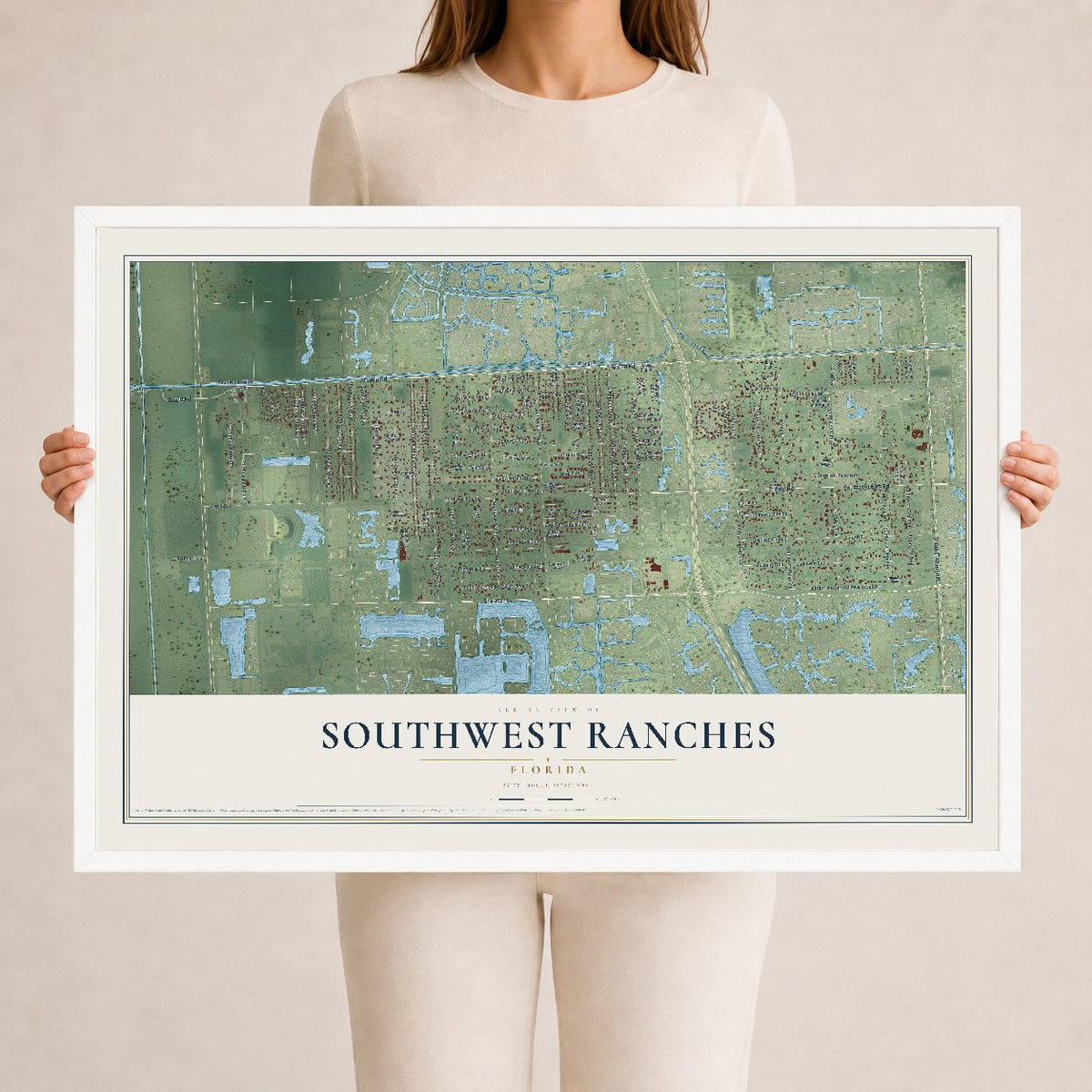 Southwest Ranches, Florida map print, 24" x 36" W/ White Ayous Wood Frame mockup