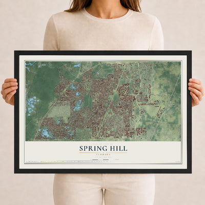 Spring Hill, Florida map print, 12" x 18" W/ Black Ayous Wood Frame mockup