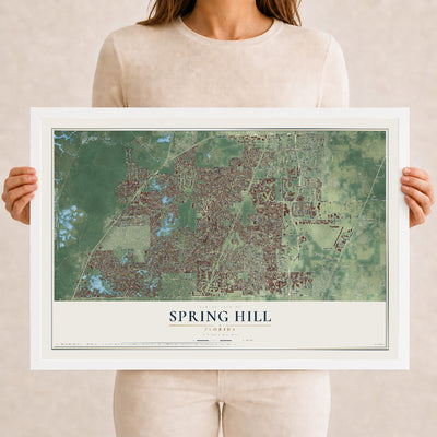 Spring Hill, Florida map print, 12" x 18" W/ White Ayous Wood Frame mockup
