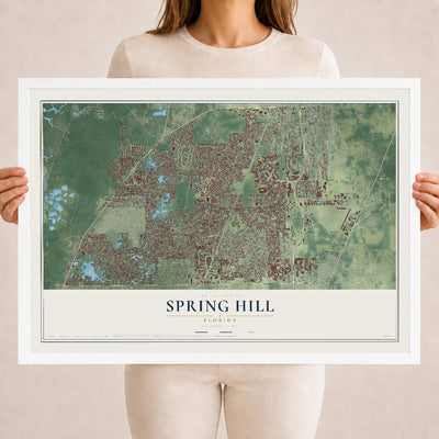 Spring Hill, Florida map print, 18" x 24" W/ White Ayous Wood Frame mockup