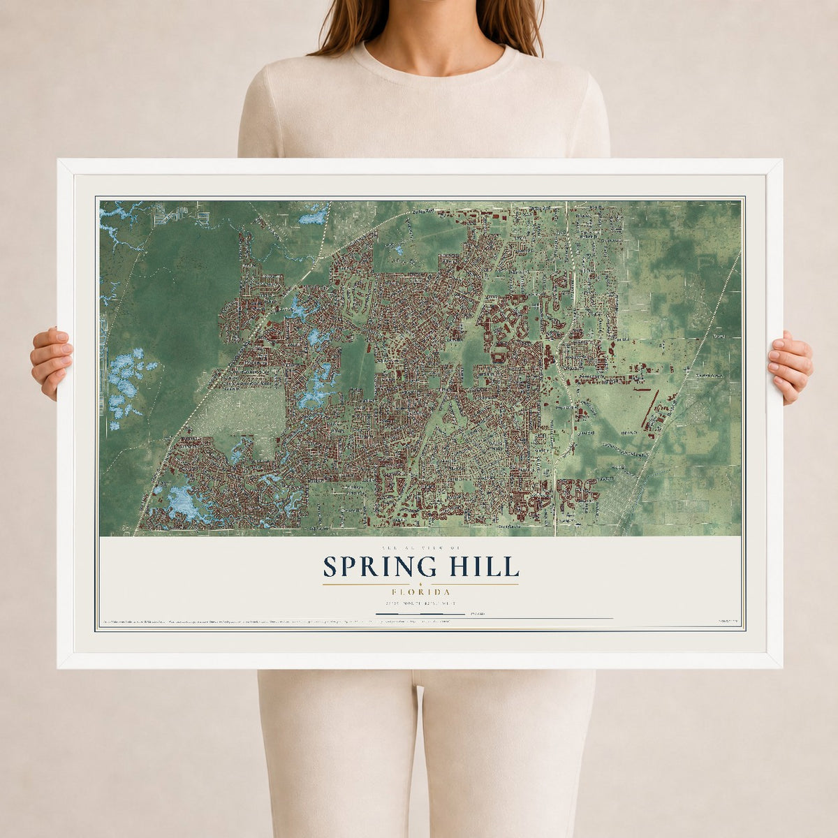 Spring Hill, Florida map print, 24" x 36" W/ White Ayous Wood Frame mockup