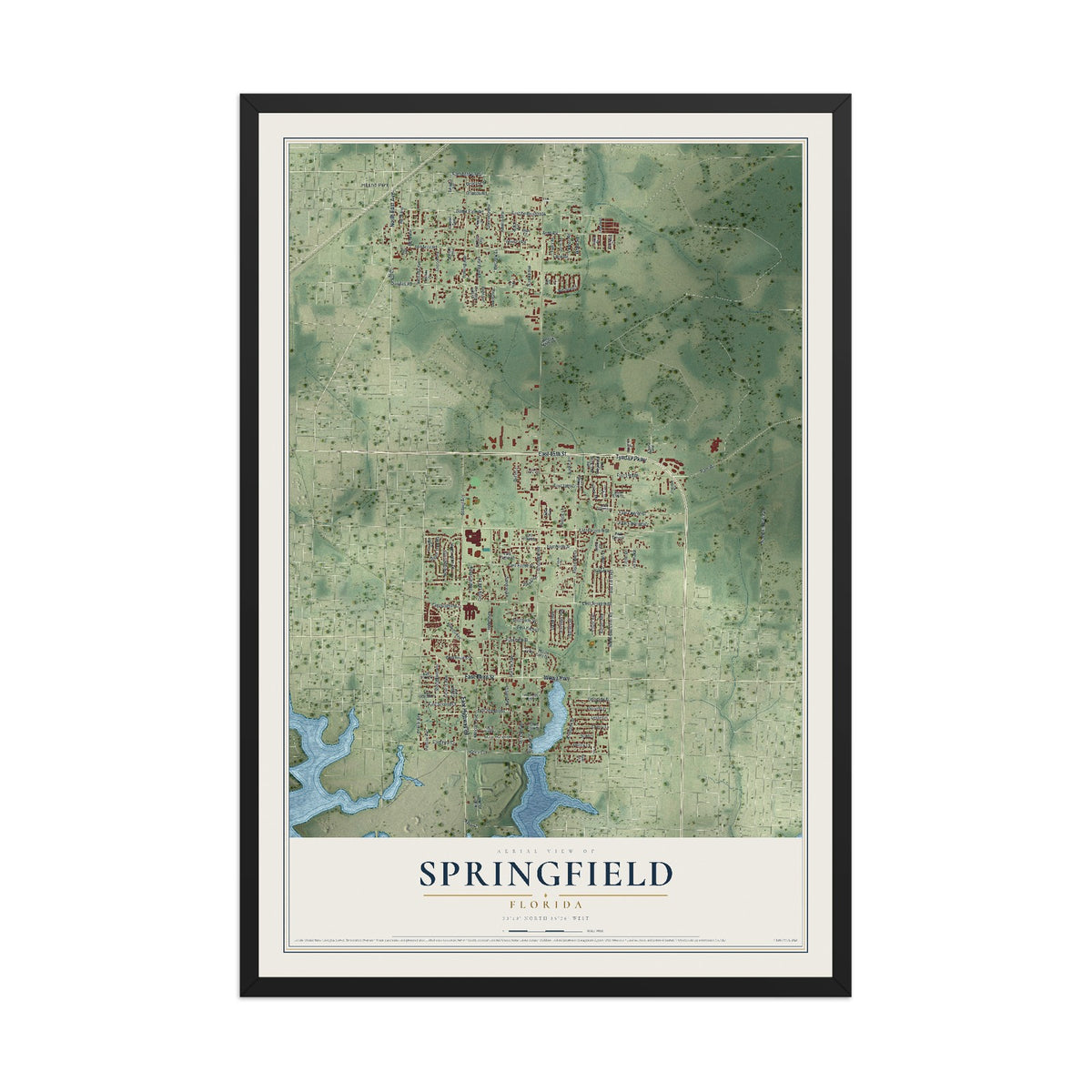 Springfield, Florida map print, 12" x 18" W/ Black Ayous Wood Frame mockup