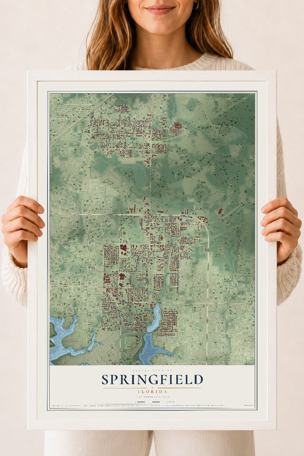 Springfield, Florida map print, 18" x 24" W/ White Ayous Wood Frame mockup