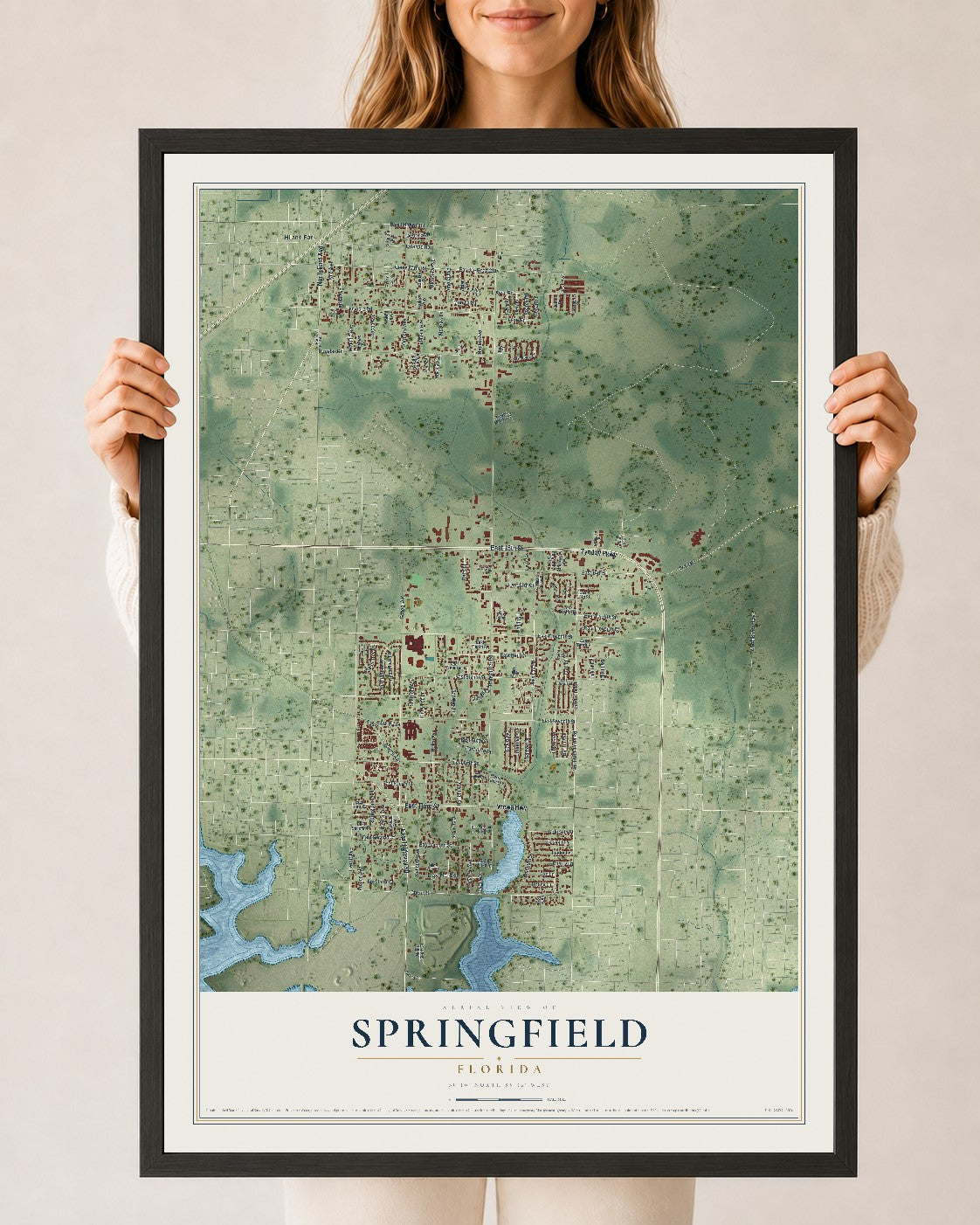 Springfield, Florida map print, 24" x 36" W/ Black Ayous Wood Frame mockup