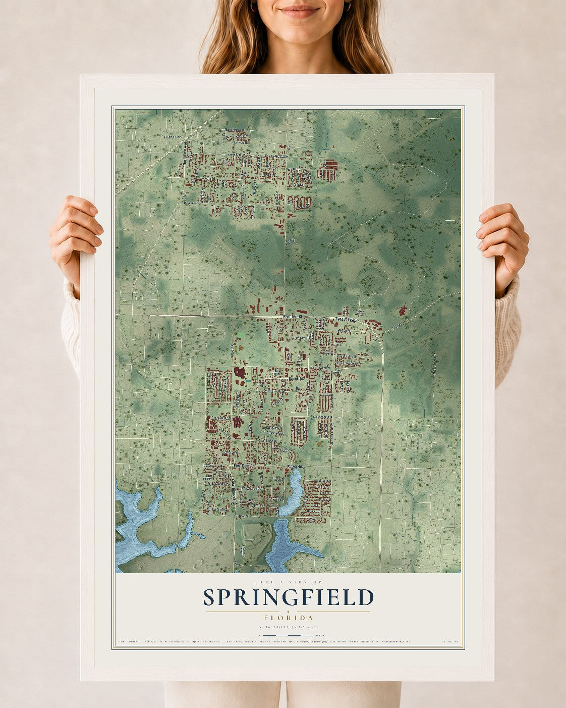 Springfield, Florida map print, 24" x 36" W/ White Ayous Wood Frame mockup