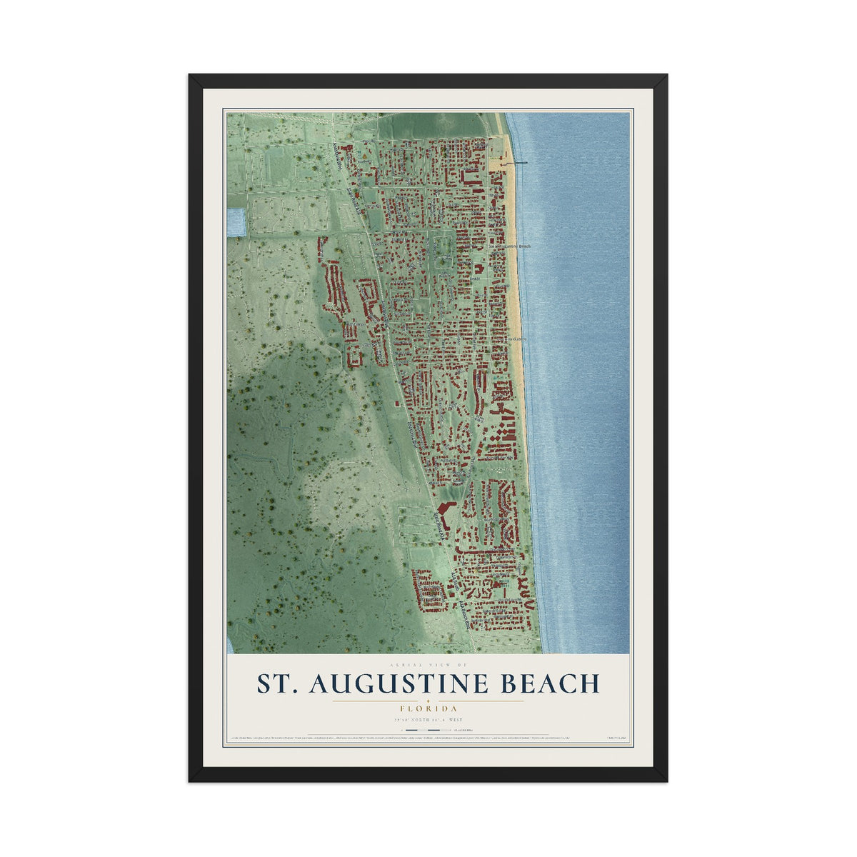 St. Augustine Beach, Florida map print, 12" x 18" W/ Black Ayous Wood Frame mockup