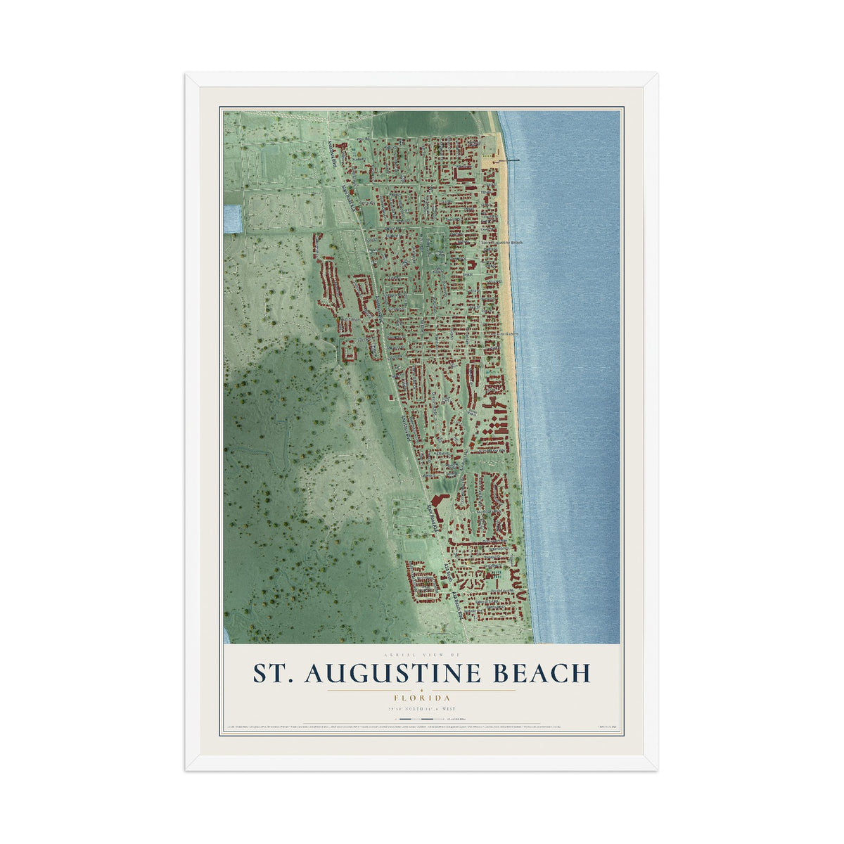 St. Augustine Beach, Florida map print, 12" x 18" W/ White Ayous Wood Frame mockup