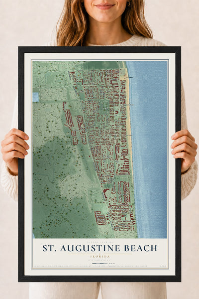 St. Augustine Beach, Florida map print, 18" x 24" W/ Black Ayous Wood Frame mockup