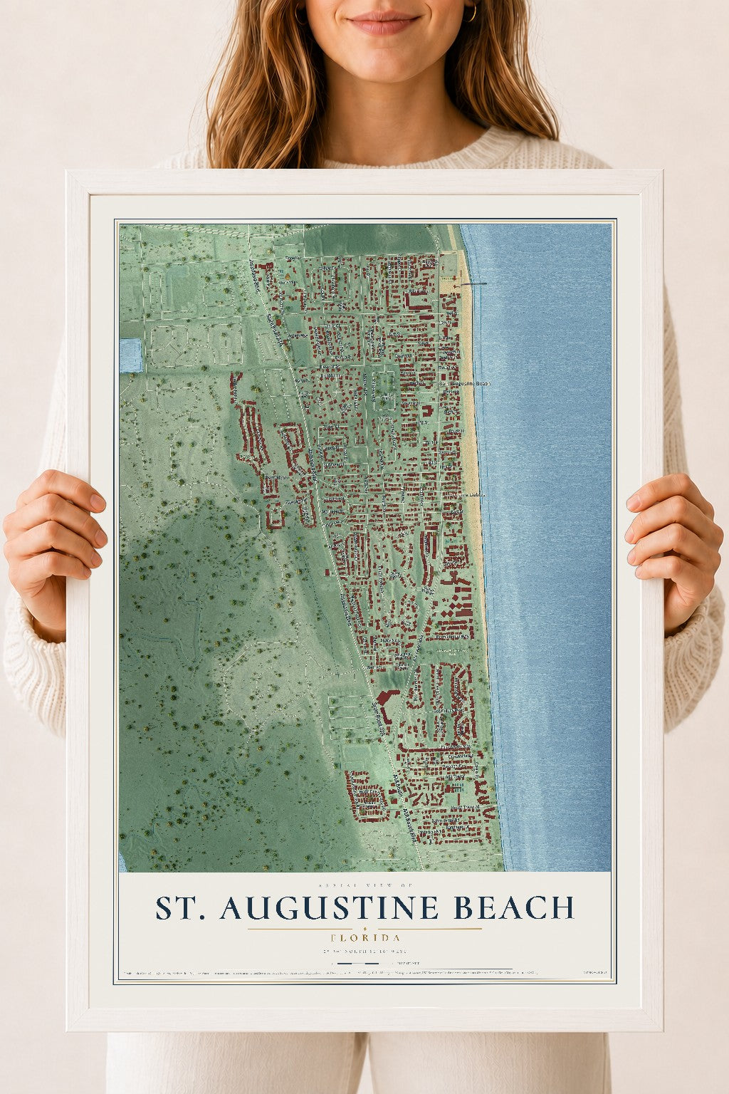 St. Augustine Beach, Florida map print, 18" x 24" W/ White Ayous Wood Frame mockup