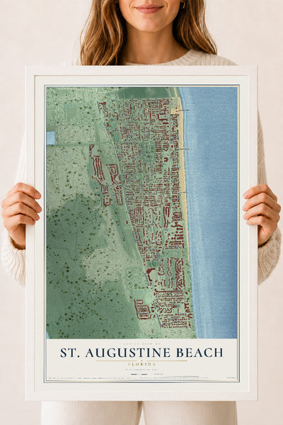 St. Augustine Beach, Florida map print, 18" x 24" W/ White Ayous Wood Frame mockup