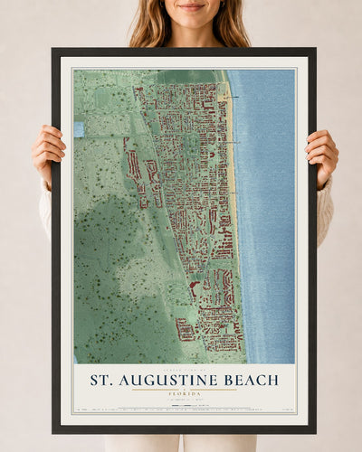 St. Augustine Beach, Florida map print, 24" x 36" W/ Black Ayous Wood Frame mockup