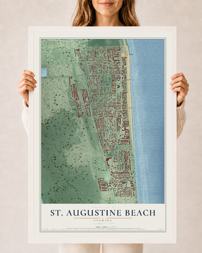 St. Augustine Beach, Florida map print, 24" x 36" W/ White Ayous Wood Frame mockup