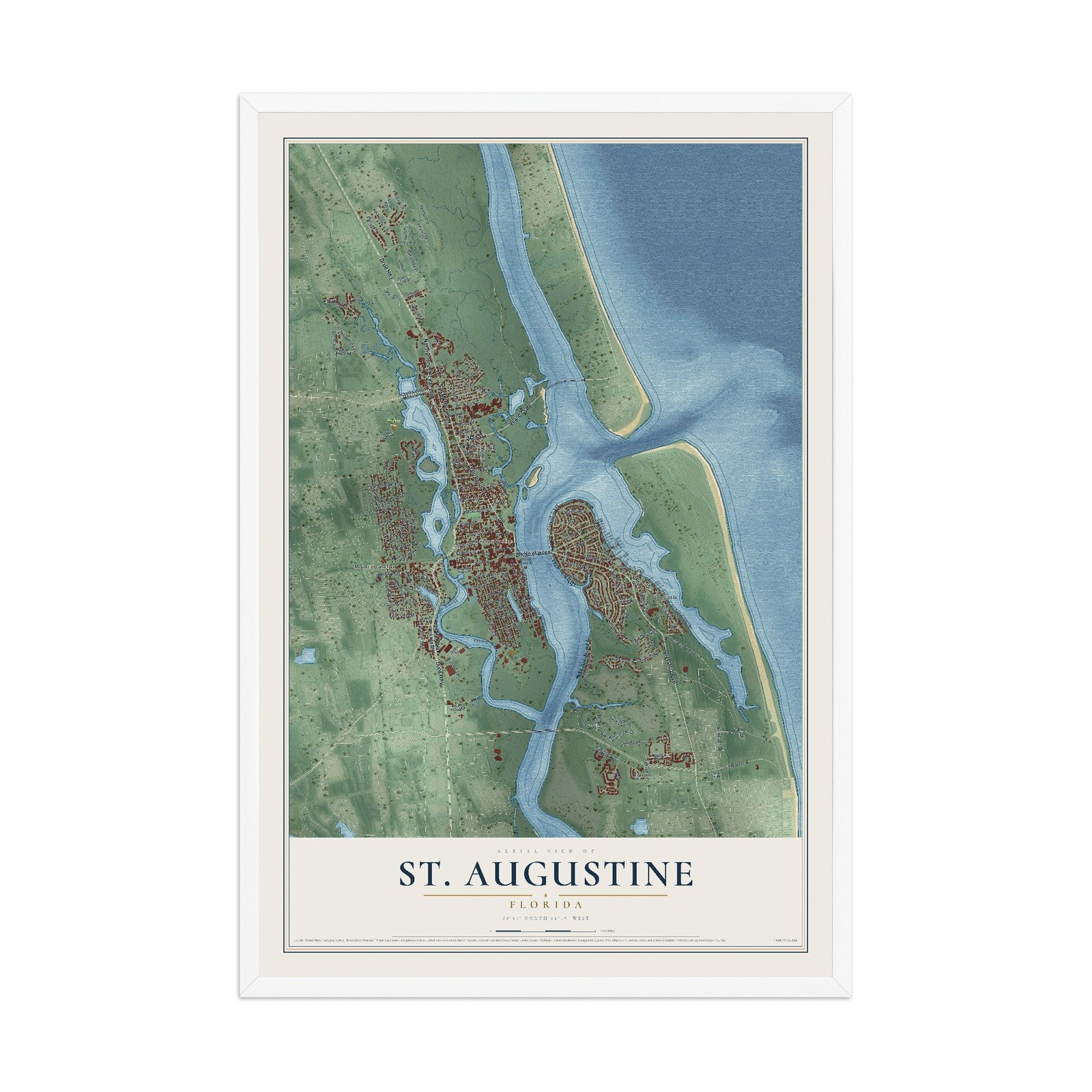 St. Augustine, Florida map print, 12" x 18" W/ White Ayous Wood Frame mockup