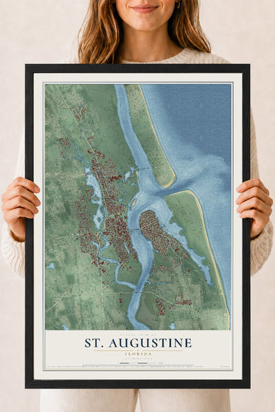 St. Augustine, Florida map print, 18" x 24" W/ Black Ayous Wood Frame mockup