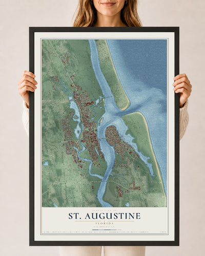 St. Augustine, Florida map print, 24" x 36" W/ Black Ayous Wood Frame mockup