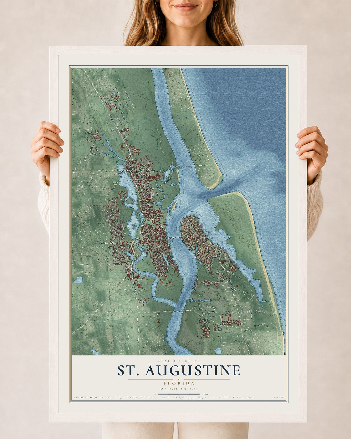 St. Augustine, Florida map print, 24" x 36" W/ White Ayous Wood Frame mockup