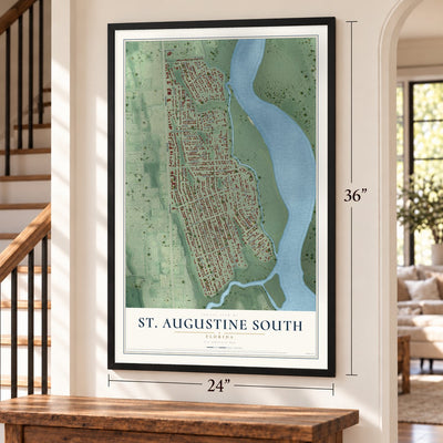 St. Augustine South, Florida map, 24 x 36 inch print in a black frame by a staircase