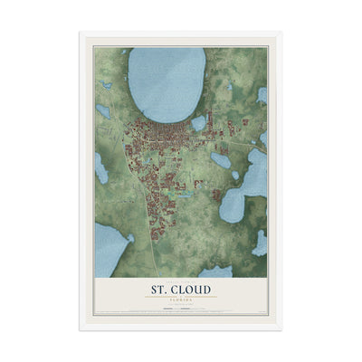 St. Cloud, Florida map print, 12" x 18" W/ White Ayous Wood Frame mockup