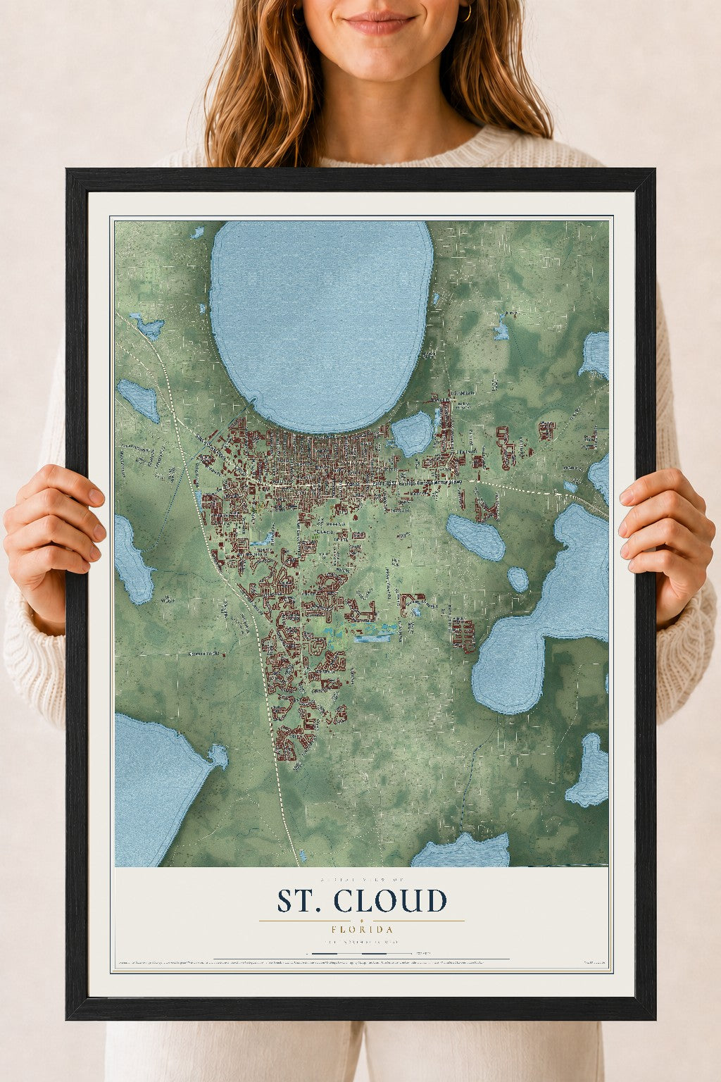 St. Cloud, Florida map print, 18" x 24" W/ Black Ayous Wood Frame mockup