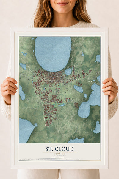 St. Cloud, Florida map print, 18" x 24" W/ White Ayous Wood Frame mockup