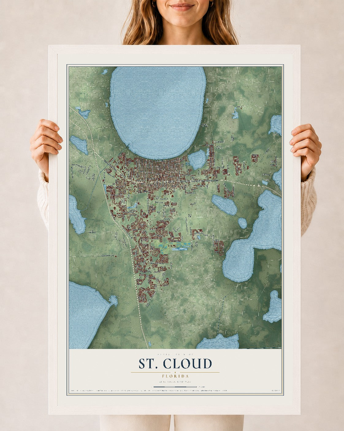 St. Cloud, Florida map print, 24" x 36" W/ White Ayous Wood Frame mockup