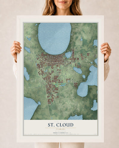 St. Cloud, Florida map print, 24" x 36" W/ White Ayous Wood Frame mockup