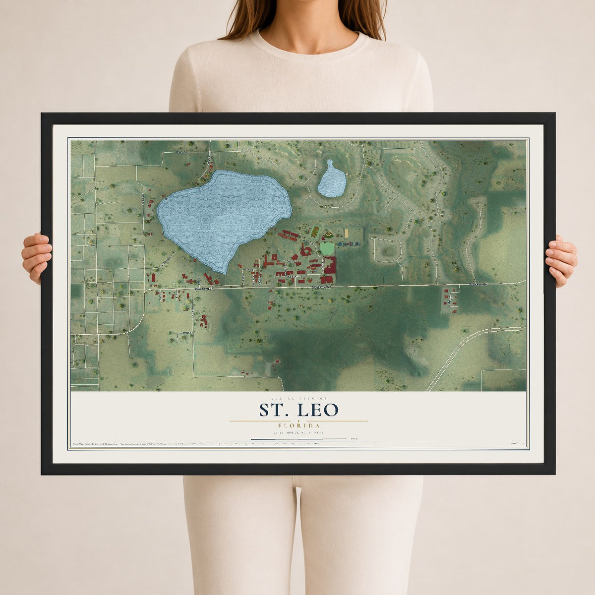 St. Leo, Florida map print, 24" x 36" W/ Black Ayous Wood Frame mockup