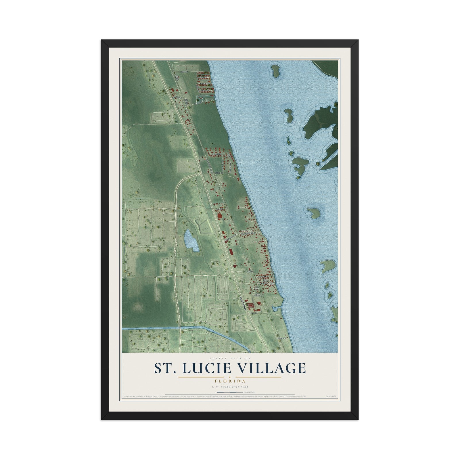 St. Lucie Village, Florida map print, 12" x 18" W/ Black Ayous Wood Frame mockup