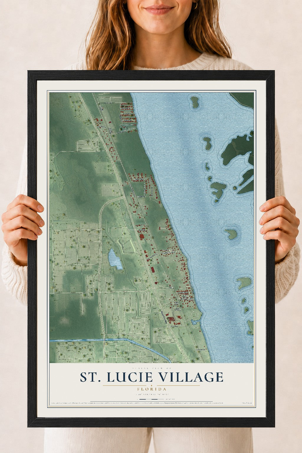 St. Lucie Village, Florida map print, 18" x 24" W/ Black Ayous Wood Frame mockup