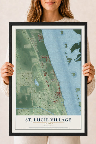 St. Lucie Village, Florida map print, 18" x 24" W/ Black Ayous Wood Frame mockup