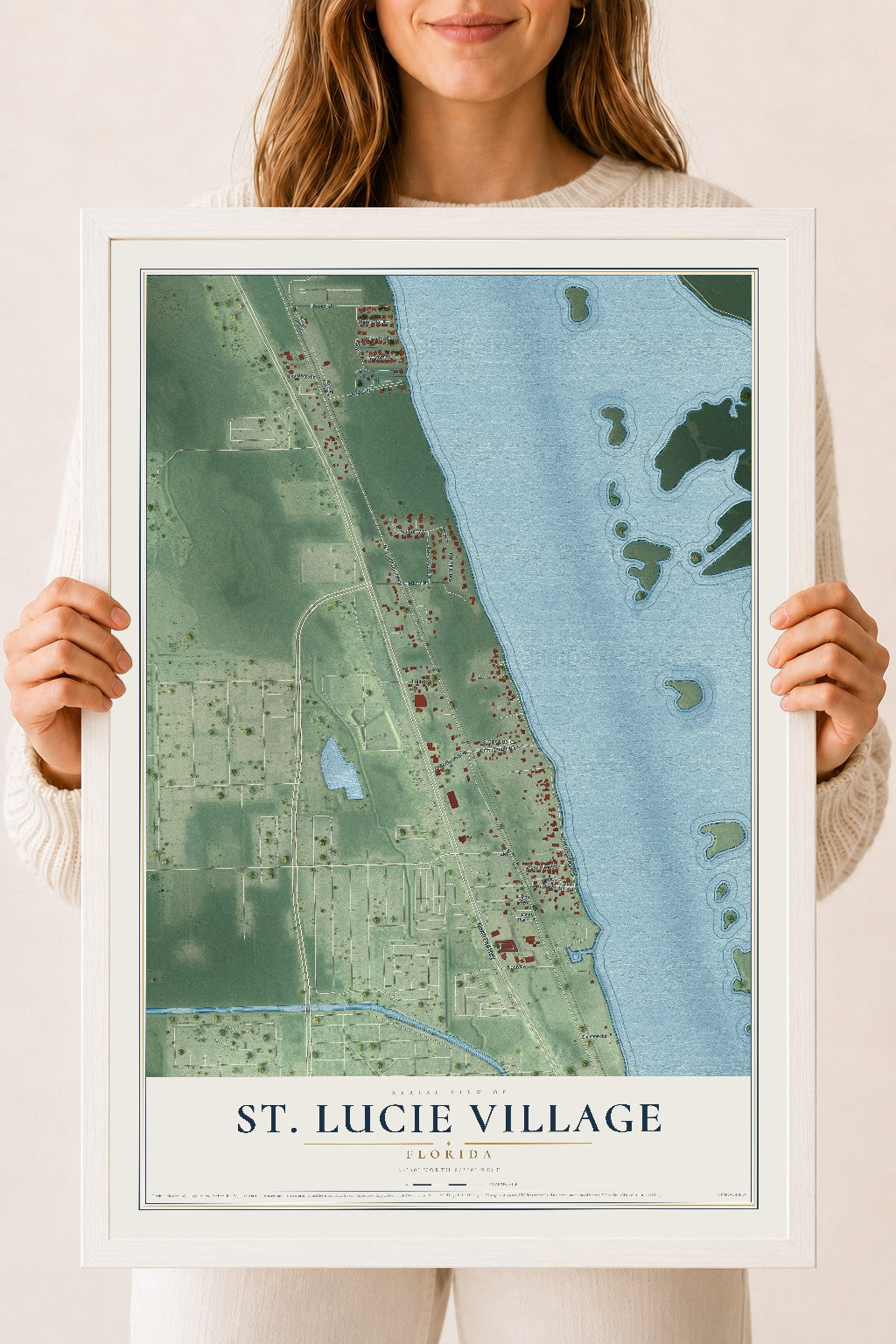 St. Lucie Village, Florida map print, 18" x 24" W/ White Ayous Wood Frame mockup