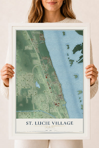 St. Lucie Village, Florida map print, 18" x 24" W/ White Ayous Wood Frame mockup