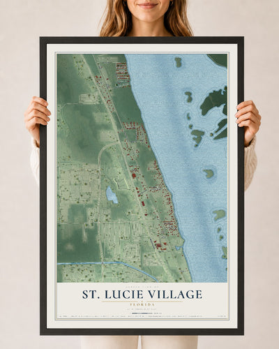 St. Lucie Village, Florida map print, 24" x 36" W/ Black Ayous Wood Frame mockup