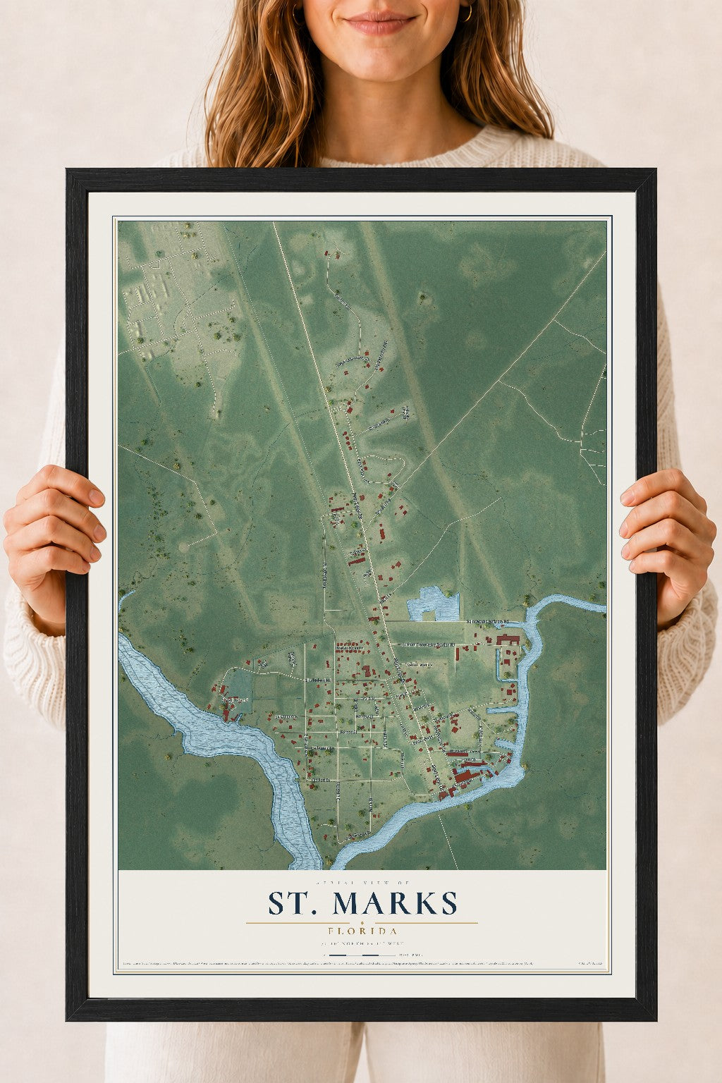 St. Marks, Florida map print, 18" x 24" W/ Black Ayous Wood Frame mockup