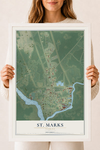 St. Marks, Florida map print, 18" x 24" W/ White Ayous Wood Frame mockup