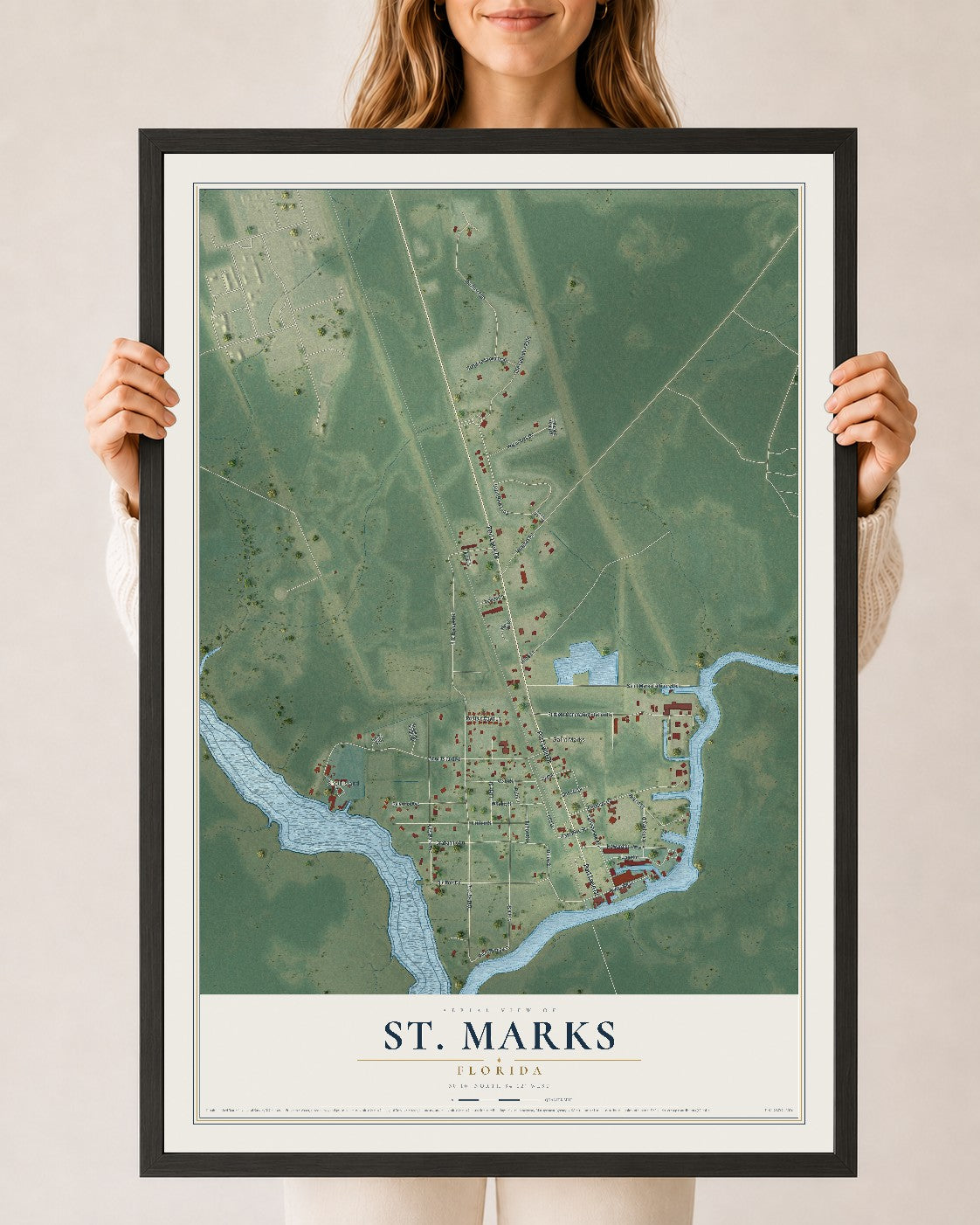 St. Marks, Florida map print, 24" x 36" W/ Black Ayous Wood Frame mockup