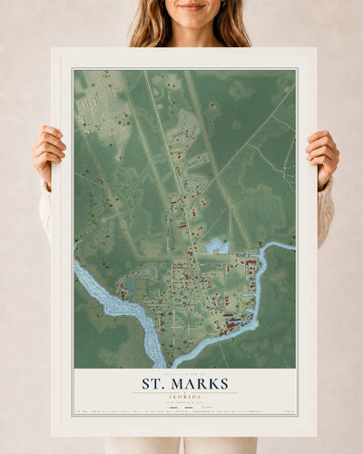 St. Marks, Florida map print, 24" x 36" W/ White Ayous Wood Frame mockup