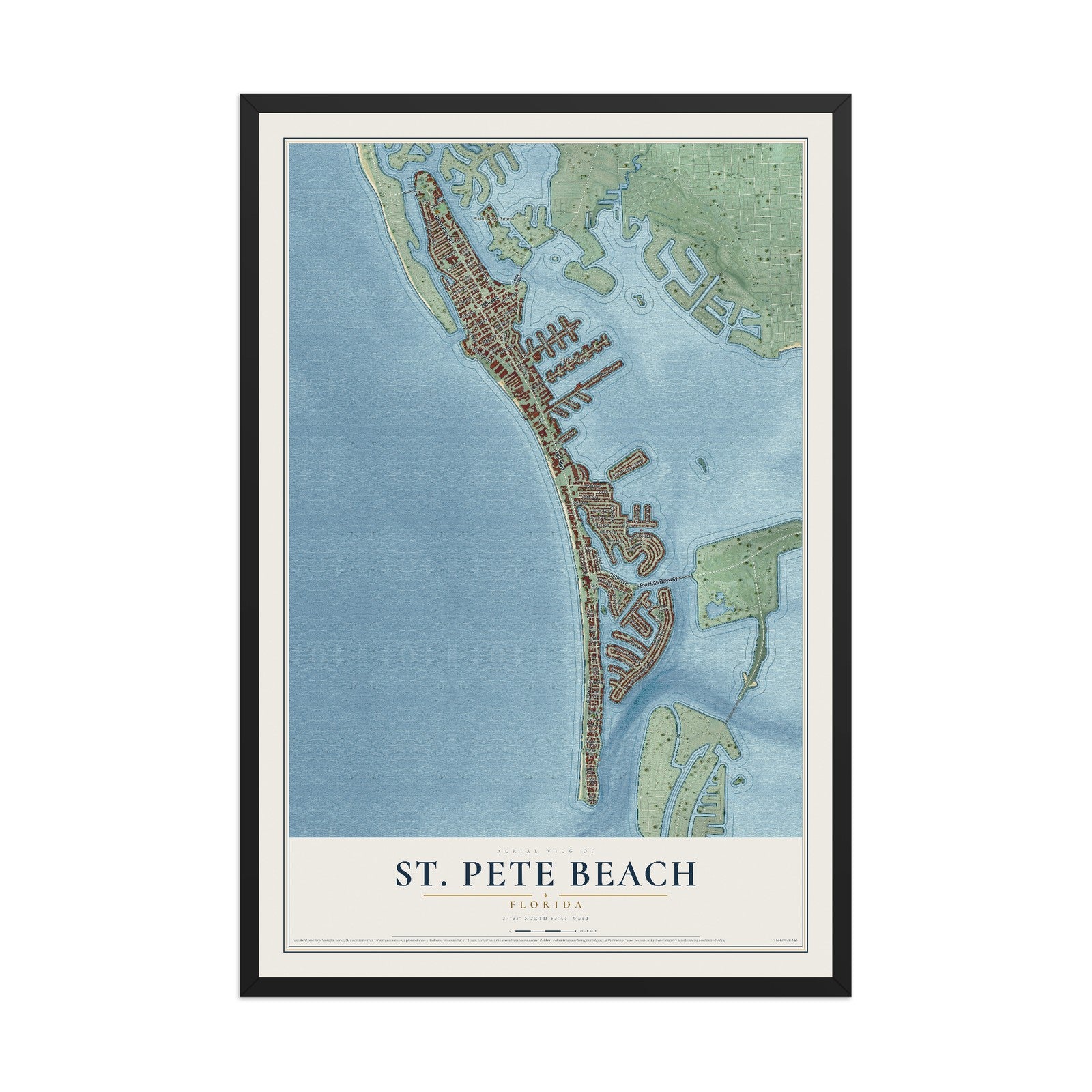 St. Pete Beach, Florida map print, 12" x 18" W/ Black Ayous Wood Frame mockup