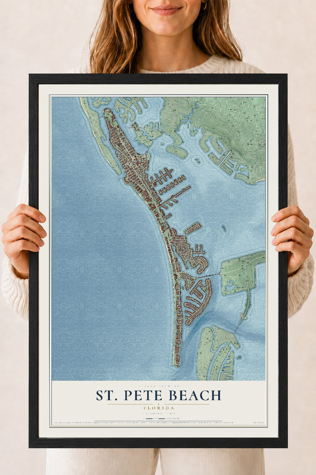 St. Pete Beach, Florida map print, 18" x 24" W/ Black Ayous Wood Frame mockup