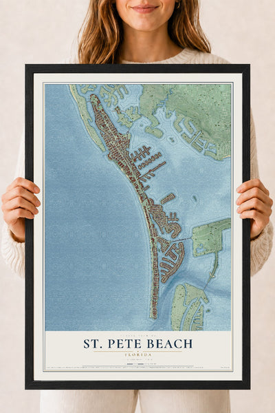 St. Pete Beach, Florida map print, 18" x 24" W/ Black Ayous Wood Frame mockup