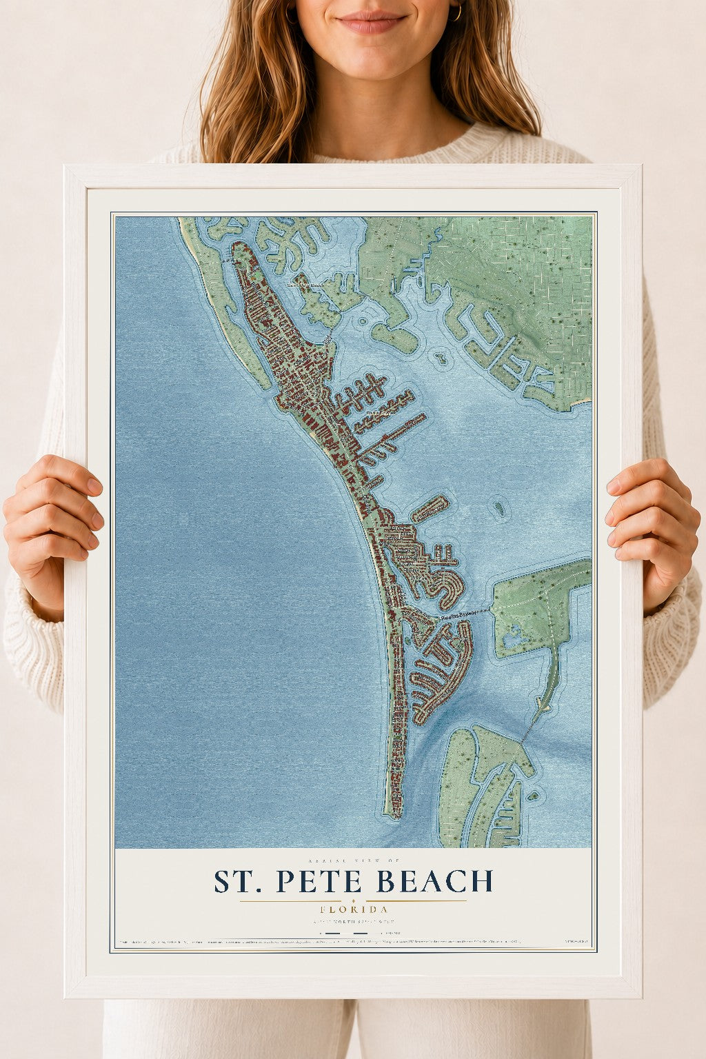 St. Pete Beach, Florida map print, 18" x 24" W/ White Ayous Wood Frame mockup