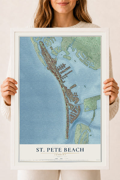 St. Pete Beach, Florida map print, 18" x 24" W/ White Ayous Wood Frame mockup