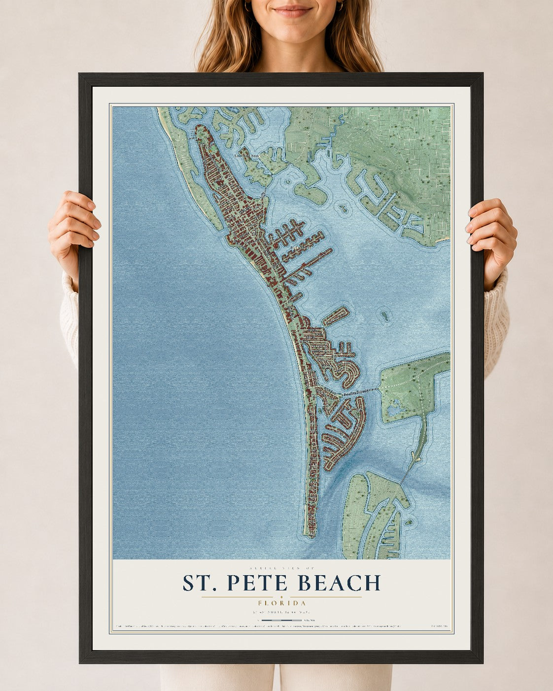 St. Pete Beach, Florida map print, 24" x 36" W/ Black Ayous Wood Frame mockup