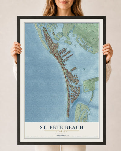 St. Pete Beach, Florida map print, 24" x 36" W/ Black Ayous Wood Frame mockup