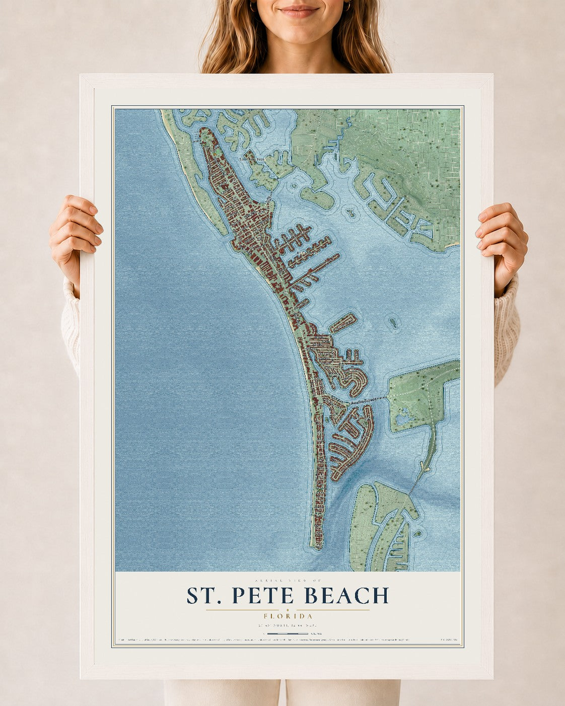 St. Pete Beach, Florida map print, 24" x 36" W/ White Ayous Wood Frame mockup