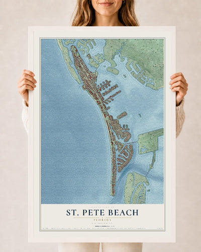 St. Pete Beach, Florida map print, 24" x 36" W/ White Ayous Wood Frame mockup