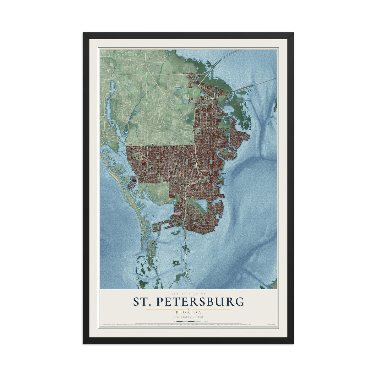 St. Petersburg, Florida map print, 12" x 18" W/ Black Ayous Wood Frame mockup