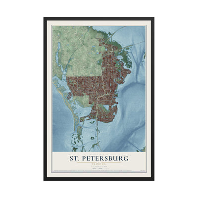 St. Petersburg, Florida map print, 12" x 18" W/ Black Ayous Wood Frame mockup