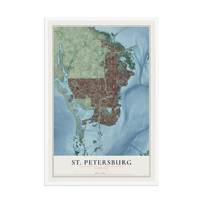 St. Petersburg, Florida map print, 12" x 18" W/ White Ayous Wood Frame mockup
